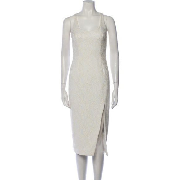 JayGodfrey White Paisley Jacquard Scoop Neck Front Slit Midi Length Dress 0 - Picture 1 of 7